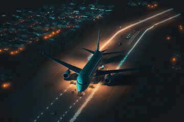 The plane is about to land on the runway in the dark. Generative AI.