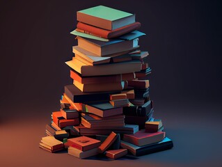 Books pile, heap, large quantity. Knowledge, wisdom concept. Literature tower. Generative AI