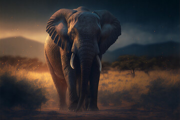 Fototapeta na wymiar Majestic elephant in the savannah during sunset. Atmospheric wallpaper poster for home and office. Created with generative AI.