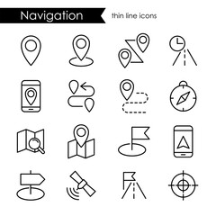 Navigation icon set, thin line stroke, route map and transportation