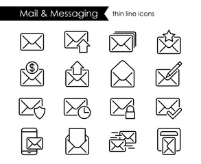 Mail thin line icons, messaging and newsletter black outline symbols for desktop and mobile interface