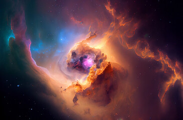 Glowing huge nebula with young stars. Space background, 3d illustration. Generating Ai.