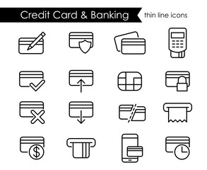 Credit card and e-commerce thin line icon set, black outline style symbols for desktop and mobile interfaces