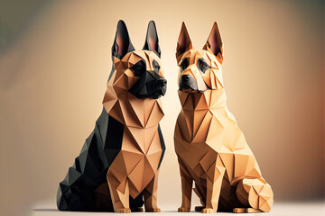  a couple of dogs sitting next to each other on a table next to each other on a tablecloth covered tablecloth with a brown background.  generative ai