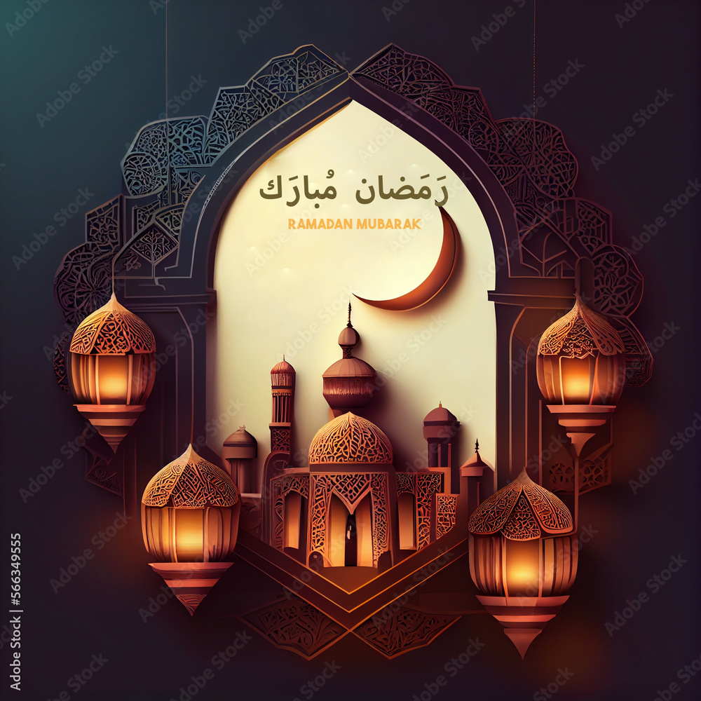 Wall mural 3d modern islamic holiday banner, suitable for ramadan, raya hari, eid al adha and mawlid. a lit up 