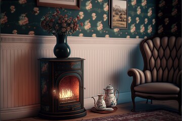  a room with a chair and a fireplace with a vase of flowers on top of it and a teapot on the floor next to it.  generative ai