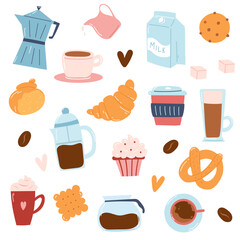 Coffee set. Hand drawn icons of coffee makers, cups, sweets, bakery in cartoon flat style