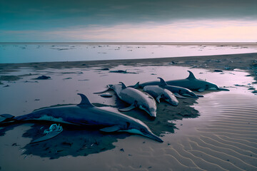 Several dead dolphins lie on a poisoned beach, human pollution. Environmental disaster concept. Generative AI technology.