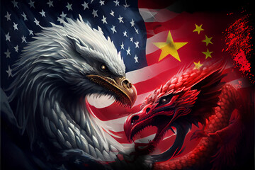 American Eagle VS Chinese Dragon Art illustration. War Conflict Cause of Taiwan. Freedom. Economic trade between USA and China. concept.  Generative Ai. - obrazy, fototapety, plakaty