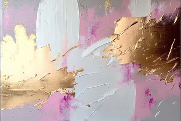  a close up of a painting with gold and white paint on it's edges and a pink and white background with gold paint on it.  generative ai