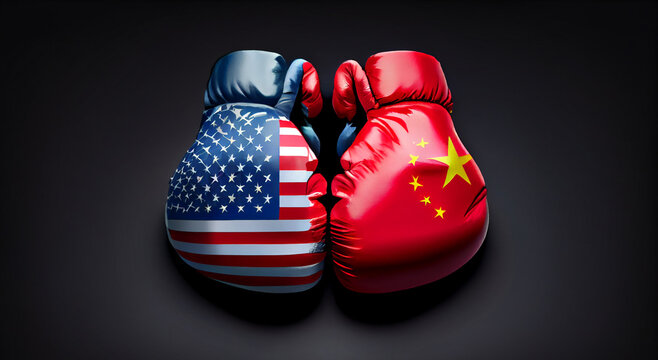 USA China trade war conflict illustrated by a boxing match with USA and China flags in boxing gloves fighting each other. Generative Ai.