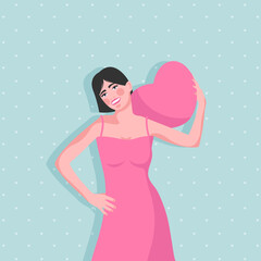 Banner with woman in pink dress, hugging pink heart. Happy Valentine's Day. Flat vector illustration.