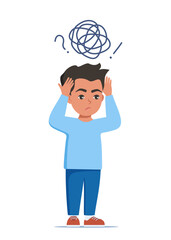 Sad boy standing on floor surrounded by by stream of anxious thoughts. Autism, child stress, mental disorder, anxiety, depression, stress, headache. Child plugged ears with hands. Vector illustration.