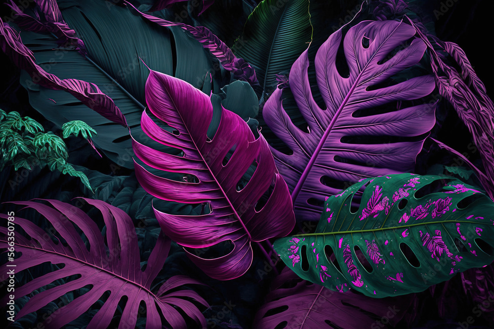 Wall mural Colorful tropical leaves, dark background. AI	