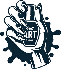 Emblem for beauty studio. Woman wrist with varnish. Female hand with manicure polish for nail bar. Fashion, trendy style of fingernail