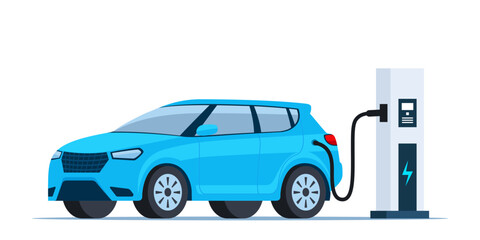 Blue electric car charging, side view. Electric car charging station. Electricity eco new technology cars of the future. Vector Illustration.