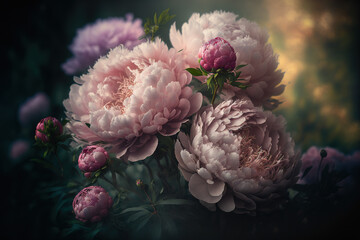 Pink and white peonies bouquet. Beautiful floral art wallpaper. AI - obrazy, fototapety, plakaty