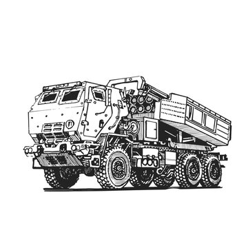 Multiple launch rocket system. Military vehicle. Hand drawing.