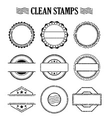 Blank stamp set, ink rubber seal texture effect. Postage and mail delivery. Empty template vector design element.