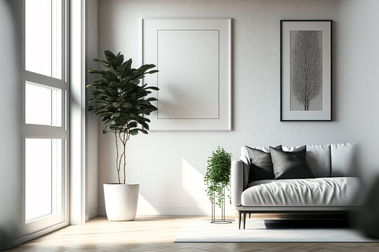 Modern bright interiors apartment with empty poster frame illustration. Generative AI	
