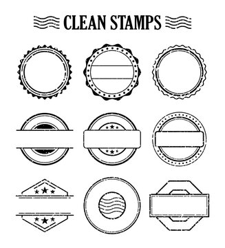Blank stamp set, ink rubber seal texture effect. Postage and mail delivery. Empty template vector design element.