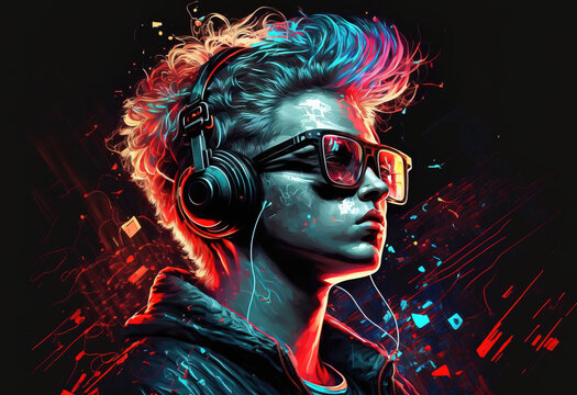 Cool boy with headphones listening music, colorful paints smudges, spatter. generated sketch art