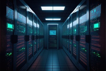 Cloud data center with rows of cloud-based data analysis solutions. Generative AI