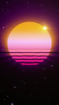 Retro sun, 80s style, synthwave, vaporwave glowing pink, orange, purple sunset loop vertical animation.