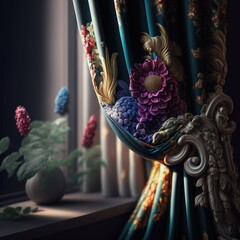  a painting of a window with a curtain and a vase with flowers in it and a window curtain with a flower arrangement on the side of the window.  generative ai