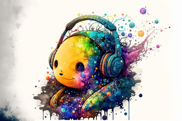 Cool cartoon character with headphones listening music, colorful paints smudges, spatter. generated sketch art	
