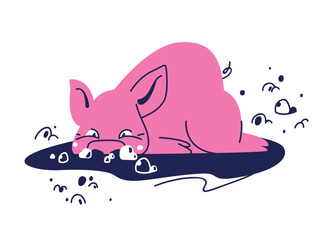 A cheerful pig lies in a puddle and blows bubbles. National Pig Day. Funny piggy has fun in the mud. Air bubbles on water. Mascot for event presentations and banners. Flat cartoon illustration.