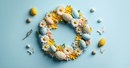 Happy Easter card. Beautiful easter wreath with yellow flowers and blue eggs on light blue background with copy space for the text.  Generative AI
