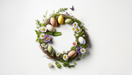 A cute Easter wreath with spring flowers, butterflies, and eggs on white background with copy space for your text. Happy Easter card. Generative AI - 566352195