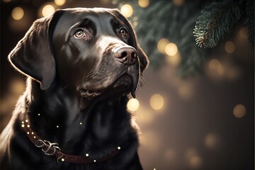  a black dog with a red collar and a christmas tree branch in the foreground with lights on the tree behind it and a dark background.  generative ai