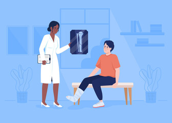 Doctor showing x-ray picture of broken leg to patient flat color raster illustration. Clinic traumatology department 2D simple cartoon characters with hospital office on background - obrazy, fototapety, plakaty