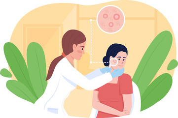 Dermatologist examining patient skin with acne 2D raster isolated illustration. Doctor and client flat characters on cartoon background. Beauty salon colourful scene for mobile, website, presentation