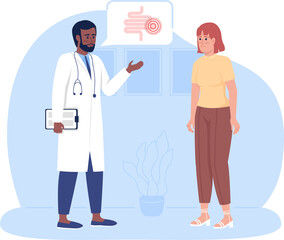 Patient listening to gut checkup results with doctor 2D raster isolated illustration. Hospital flat characters on cartoon background. Medical tests colourful scene for mobile, website, presentation