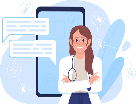 Visiting doctor online with mobile app 2D raster isolated illustration. Positive therapist flat character on cartoon background. Telehealth service colourful scene for mobile, website, presentation
