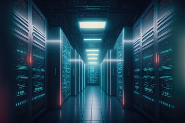 Cloud data center with rows of virtual and physical data management and storage systems. Generative AI