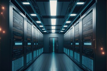 Cloud data center with rows of virtual and physical data security and storage solutions. Generative AI