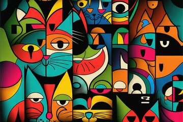  a painting of many cats with different colors and sizes of faces on a black background with a white cat in the middle of the picture.  generative ai
