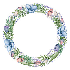 Watercolor illustration of a wreath of tulip flowers.