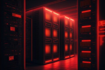 Data center with server racks and data management and storage systems. Generative AI