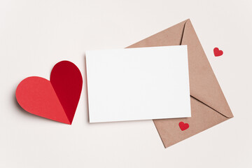 Valentines Day blank card mockup with red heart and envelope