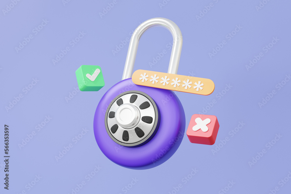 Poster 3d circle padlock icon with check unlock approved and declined account identity id privacy password 