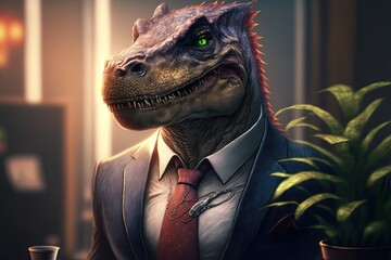 Dinosaur In A Suit In His Office. AI-generated 