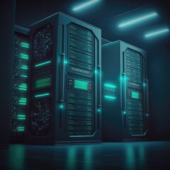 Server room with rows of servers and data analysis and privacy solutions. Generative AI