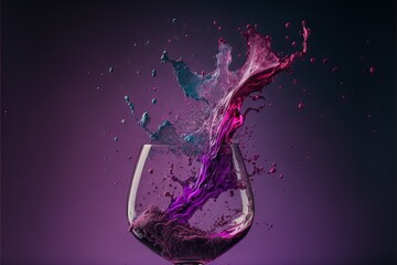 a glass of wine with a splash of water on the side of the glass and a purple liquid in the middle of the glass, on a purple background.  generative ai