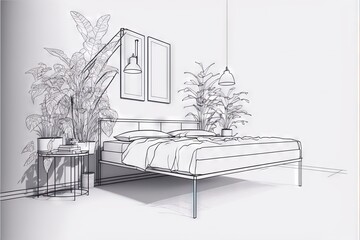  a drawing of a bedroom with a bed and a plant in the corner of the room and a mirror on the wall above the bed.  generative ai