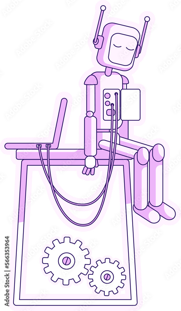Poster laptop and robot semi flat color raster element. full sized object on white. artificial intelligence